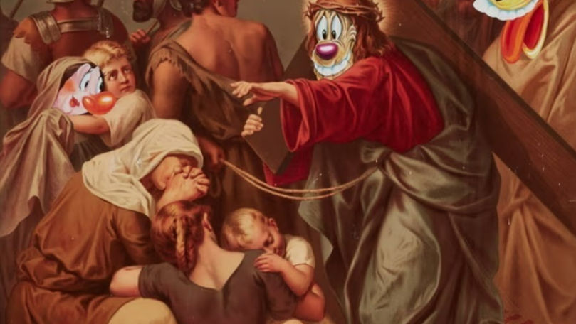 O operă de artă cu Hristos ca personaj de desene animate, expusă la un muzeu