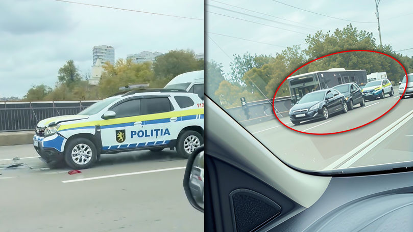 Accident în lanț pe podul de lângă Circ. O mașină a Poliției, avariată
