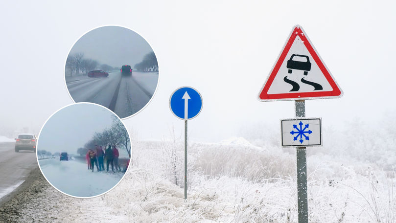 Accident pe drum alunecos: O mașină a ajuns într-un șanț după o depășire periculoasă