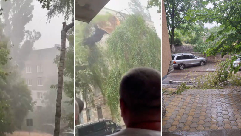 Furtună puternică în Chișinău: Momentul în care un copac cade peste o mașină